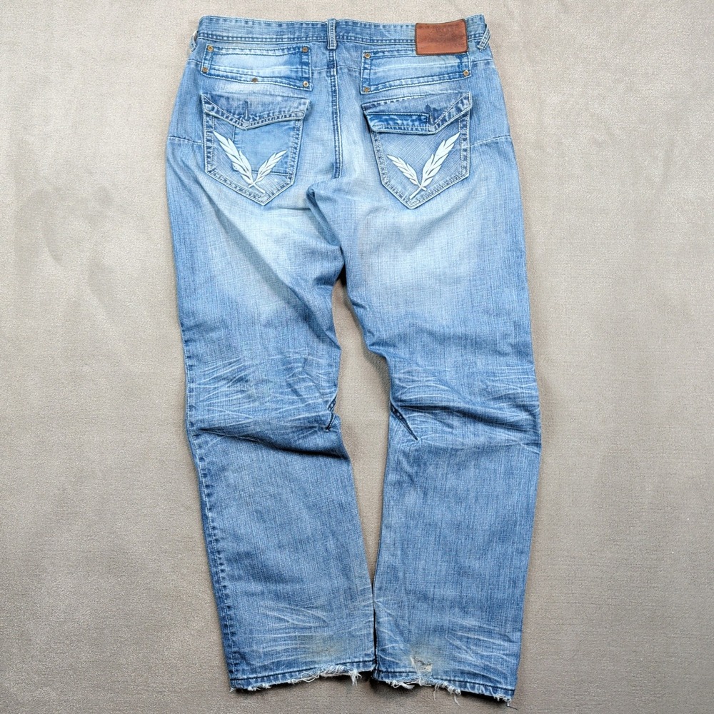 Akoo Y2K Streetwear Distressed Straight Leg Jeans 38 Blue Cotton Studded Wing - Picture 7 of 16